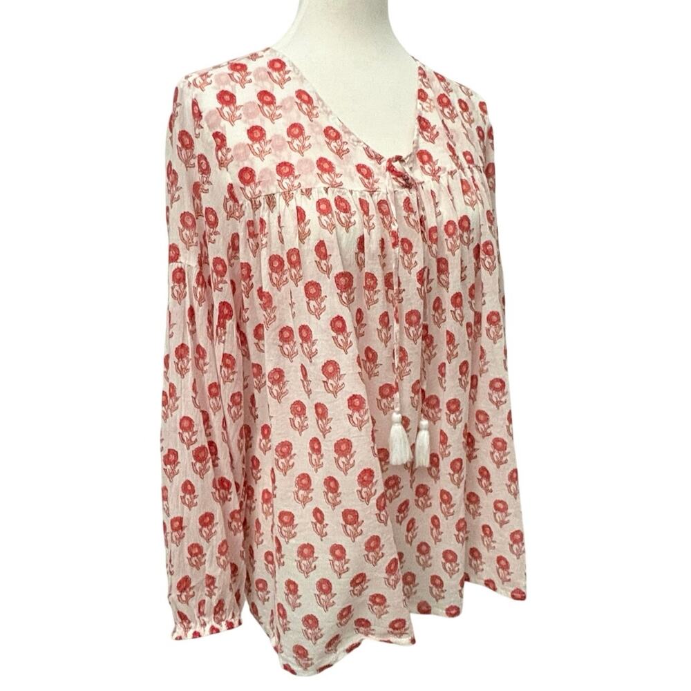 Dolma Red & White Floral Cotton Boho Peasant Top Women’s Sz Medium Tassel Blouse